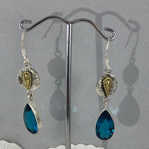 16CT 2 Tone Pear Cut Blue Topaz 925 Silver Earring